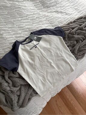 New Balance White and Navy Raglan Short Sleeve Tee